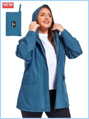 Plus Size Packable Waterproof Rain Jacket Mesh Lined Hooded Raincoat
